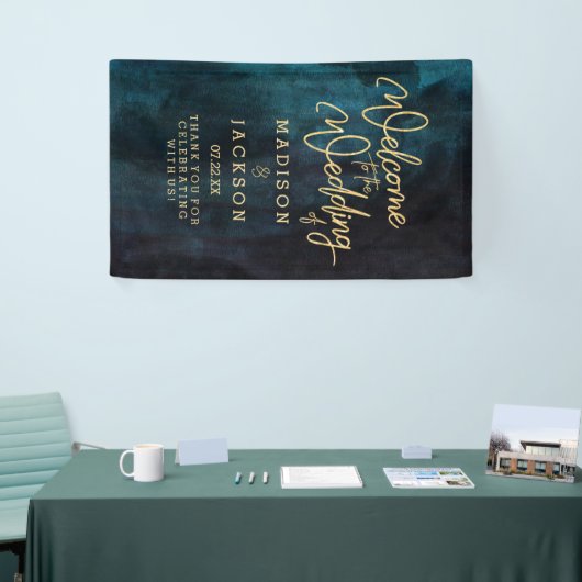 Marineblauw & Blauwgroen Waterverf Gouden Bruiloft Spandoek (Beurs)