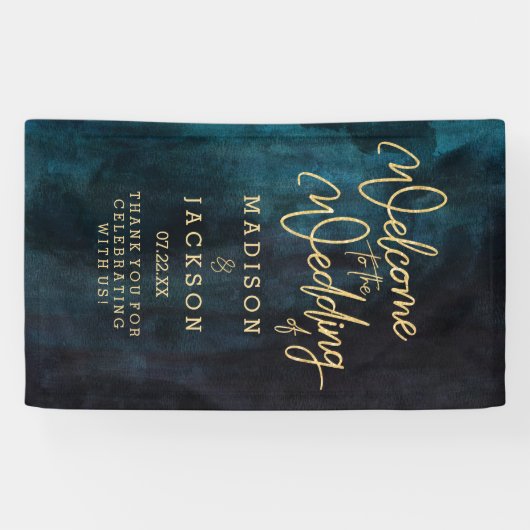 Marineblauw & Blauwgroen Waterverf Gouden Bruiloft Spandoek (Horizontaal)