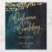 Marineblauw Blauwgroen Waterverf & Gouden Bruiloft Wijn Etiket (Enkel label)