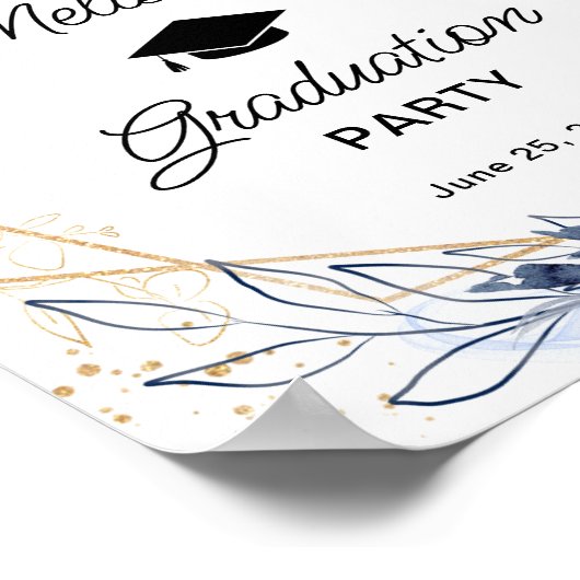 Marineblauw Bloemen Afstudeerfeest Welkomstbord Poster (Hoek)