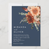 Marineblauw Bloemen Boho Bruiloft Kaart (Voorkant)