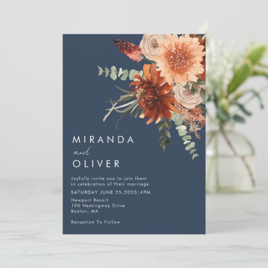 Marineblauw Bloemen Boho Bruiloft Kaart (Staand voorkant)