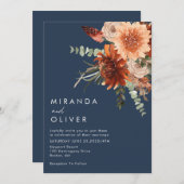 Marineblauw Bloemen Boho Bruiloft Kaart (Voorkant / Achterkant)