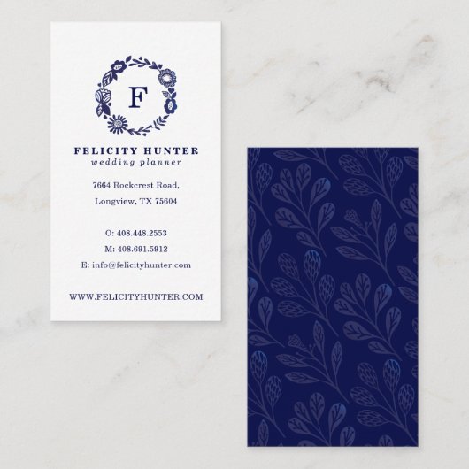 Marineblauw Bloemen Botanisch Monogram Krans Visitekaartje (Voorkant / Achterkant)