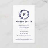 Marineblauw Bloemen Botanisch Monogram Krans Visitekaartje (Voorkant)