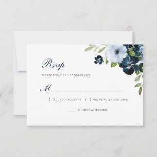Marineblauw Bloemen Bruiloft RSVP-kaart RSVP Kaartje