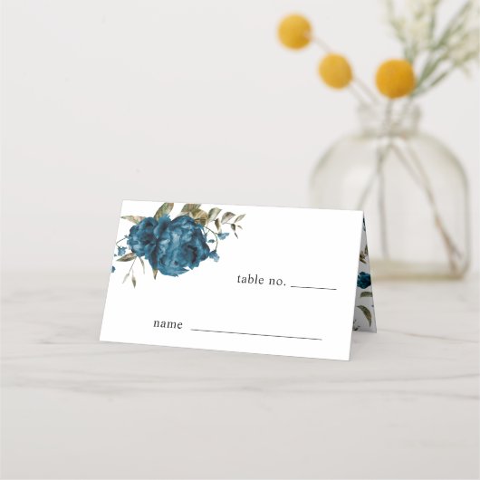 Marineblauw Bloemen Bruiloft Tafel Nummer Plaats K Plaatskaartje (Voorkant)