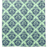 Marineblauw Bloemen Damasks Mint-groene achtergron Douchegordijn (Voorkant)