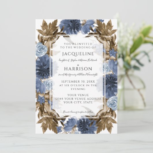 Marineblauw Bloemen Elegante Herfst Bladgroen Brui Kaart (Staand voorkant)