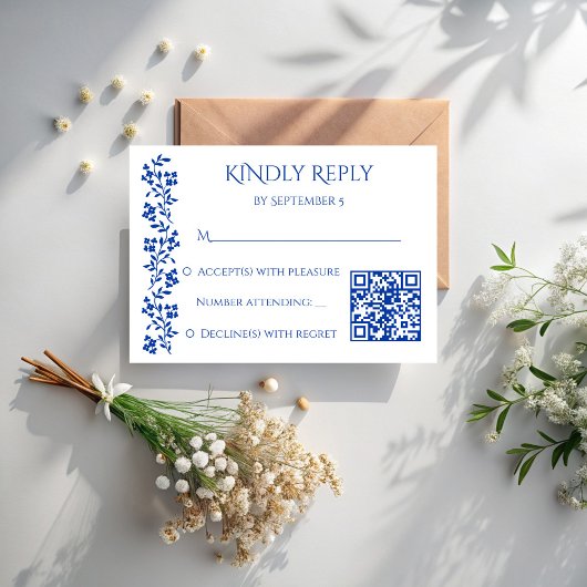 Marineblauw  Bloemen Grens bruiloft qr RSVP Kaartje