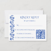 Marineblauw  Bloemen Grens bruiloft qr RSVP Kaartje (Voorkant)