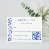 Marineblauw  Bloemen Grens bruiloft qr RSVP Kaartje (Staand voorkant)