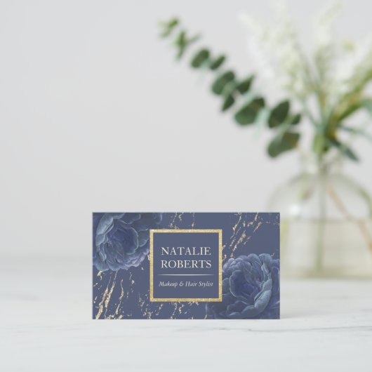 Marineblauw  Bloemen Make-up Artiest Haarsalon Visitekaartje (Staand voorkant)