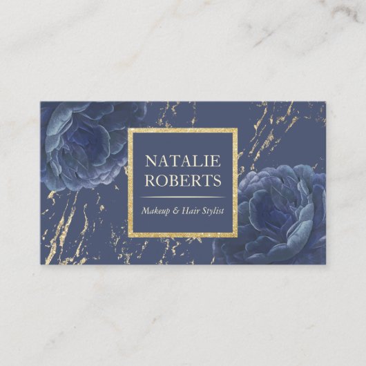 Marineblauw Bloemen Make-up Artiest Haarsalon Visitekaartje (Voorkant)
