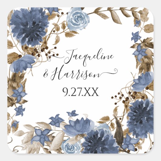 Marineblauw Bloemen Rustieke Waterverf Foliage Bru Vierkante Sticker (Voorkant)