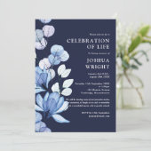 Marineblauw Bloemen Viering van het Leven Uitvaart Kaart (Staand voorkant)