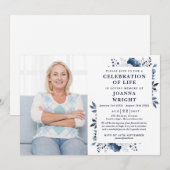 Marineblauw Bloemen Viering van het Leven Uitvaart Kaart (Voorkant / Achterkant)