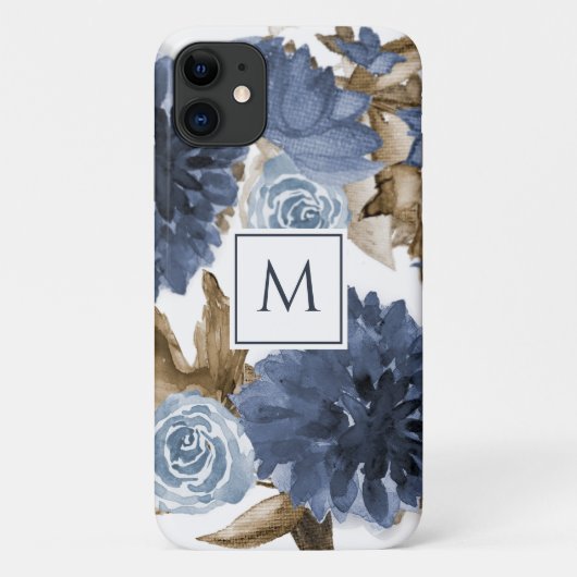 Marineblauw Bloemen Waterverf Bruin Foliage Initia Case-Mate iPhone Case (Achterkant)