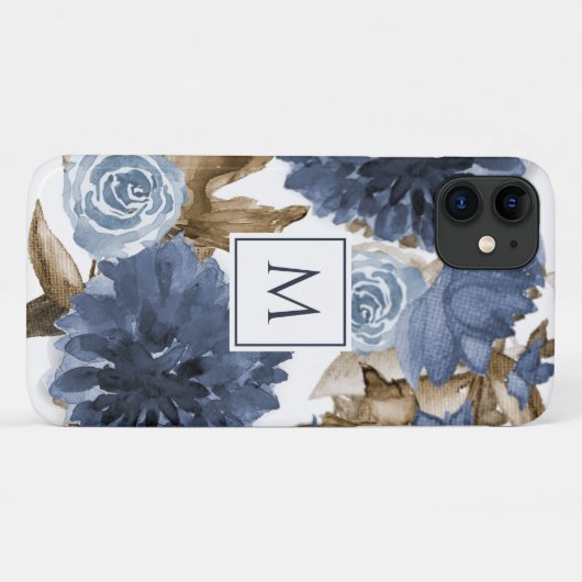 Marineblauw Bloemen Waterverf Bruin Foliage Initia Case-Mate iPhone Case (Achterkant (horizontaal))