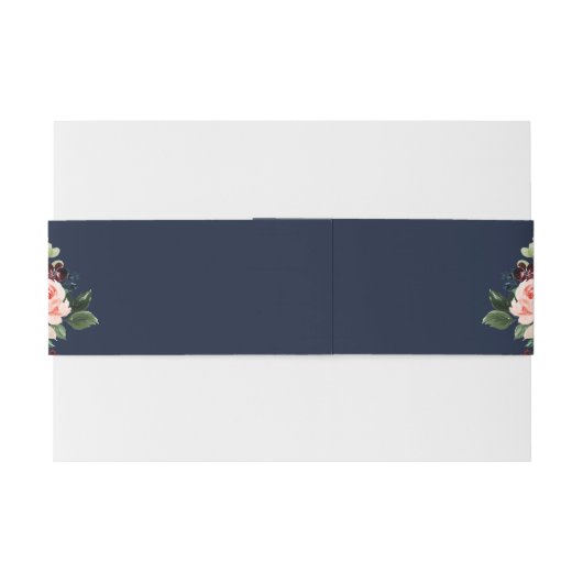 marineblauw bloemenbruiloft buikband uitnodigingen wikkel (Achterkant Voorbeeld)