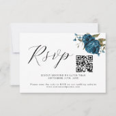 Marineblauw Bloemenbruiloft QR Code RSVP-kaart RSVP Kaartje (Voorkant)