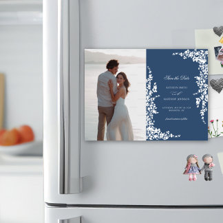 Marineblauw  bloemenbruiloft Save the Date Magnetische Uitnodiging