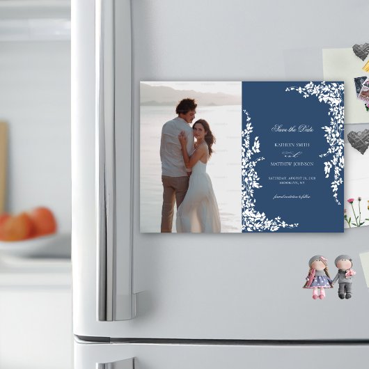 Marineblauw  bloemenbruiloft Save the Date Magnetische Uitnodiging