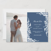 Marineblauw  bloemenbruiloft Save the Date Magnetische Uitnodiging (Voorkant)