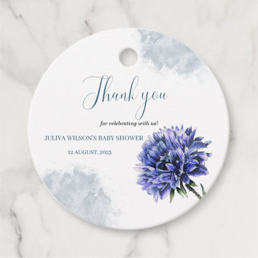 Marineblauw bloemeneenvoudige jongen baby shower bedankjes labels (Voorkant)