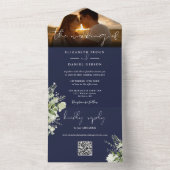 Marineblauw bloemengroen QR-code trouwfoto All In One Uitnodiging (Binnen)