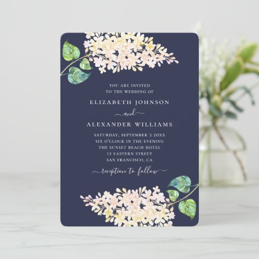 Marineblauw bloemenhuwelijk. Waterverf lila bloeme Kaart (Staand voorkant)