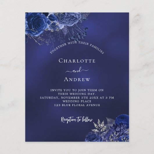 Marineblauw bloemenQR RSVP budget bruiloft uitnodi (Voorkant)