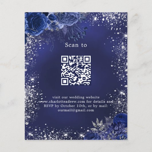 Marineblauw bloemenQR RSVP budget bruiloft uitnodi (Achterkant)