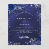 Marineblauw bloemenQR RSVP budget bruiloft uitnodi (Voorkant)