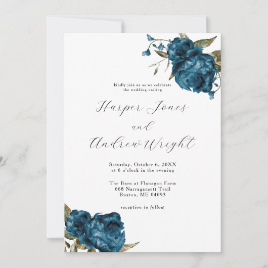 Marineblauw Bloementuin Bruiloft Kaart (Voorkant)