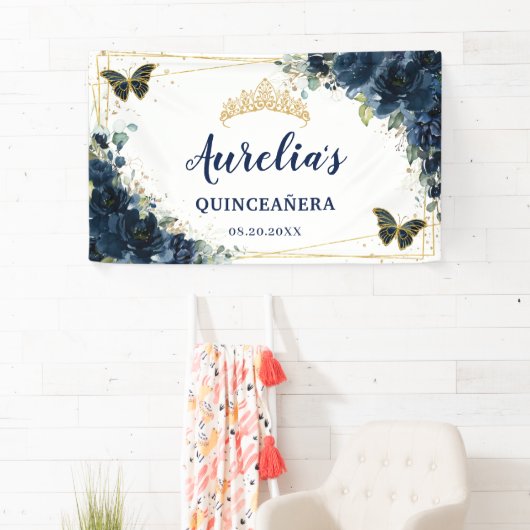 Marineblauw Bloemenvlinders XV Welkom Achtergrond Spandoek (Insitu)