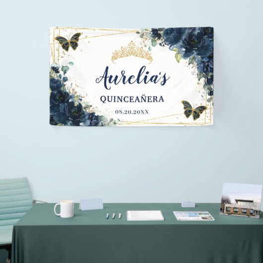 Marineblauw Bloemenvlinders XV Welkom Achtergrond Spandoek (Beurs)