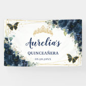 Marineblauw Bloemenvlinders XV Welkom Achtergrond Spandoek (Horizontaal)