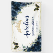 Marineblauw Bloemenvlinders XV Welkom Achtergrond Spandoek (Verticaal)