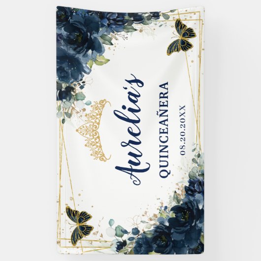 Marineblauw Bloemenvlinders XV Welkom Achtergrond Spandoek (Verticaal)