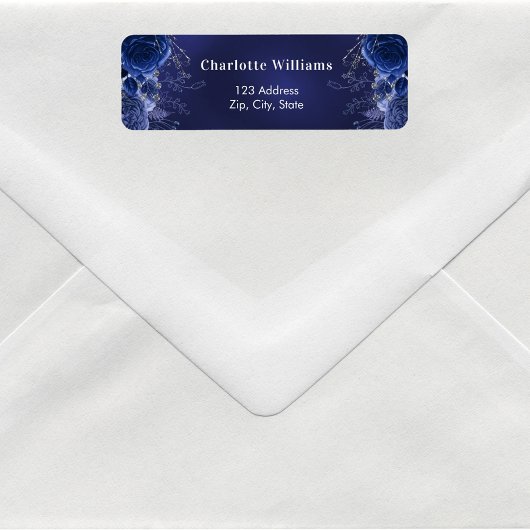 Marineblauw bloemetjes rozen retouradres etiket