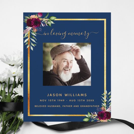 Marineblauw bloemgoudfotobegrafenisprogramma