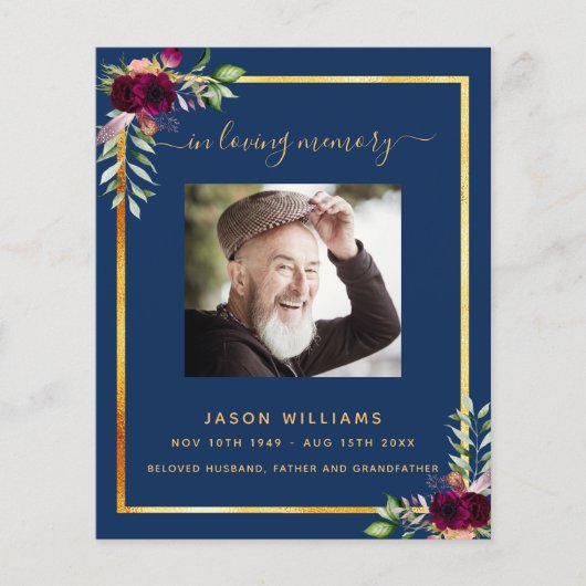 Marineblauw bloemgoudfotobegrafenisprogramma (Voorkant)