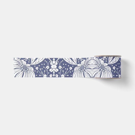 Marineblauw Bloemmotief in William Morris Stijl Satijnen Lint (Voorkant)