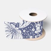 Marineblauw Bloemmotief in William Morris Stijl Satijnen Lint (Spoel)