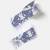 Marineblauw Bloemmotief in William Morris Stijl Satijnen Lint (Achterkant)