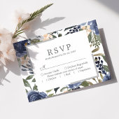 Marineblauw Bloemmotief Watercolor Trouwen RSVP Kaartje