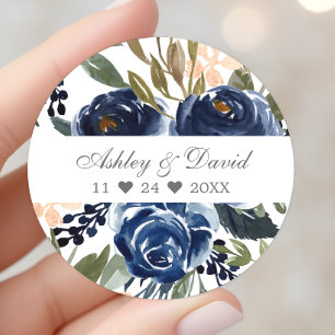 Marineblauw Bloemmotief Waterverf Trouwfeest Ronde Sticker