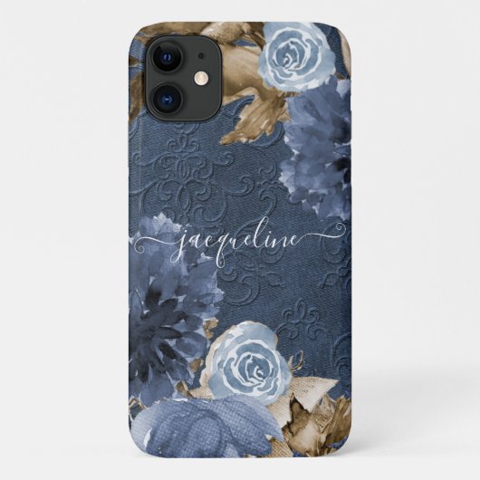 Marineblauw Bloemrijk Aquarel Bruin Lofwerk Monogr Case-Mate iPhone Case (Achterkant)