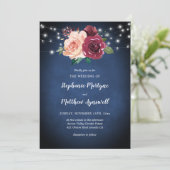 Marineblauw Blush Bourgondische Rozen Lichten Brui Kaart (Staand voorkant)